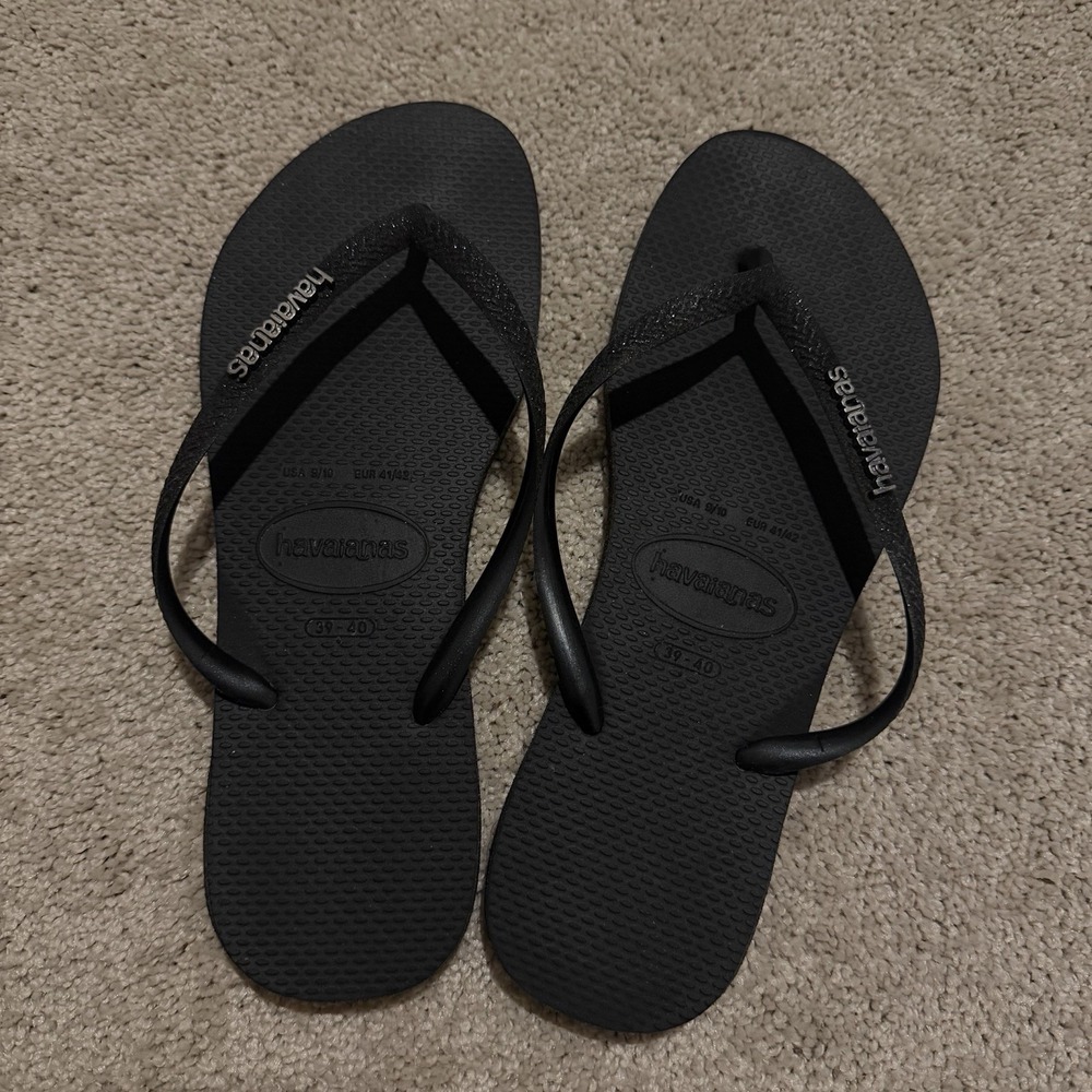 Havaianas Slim Flip Flops Glitter Black Woman's Thongs US 9/10 BRAZIL 39/40 EUC